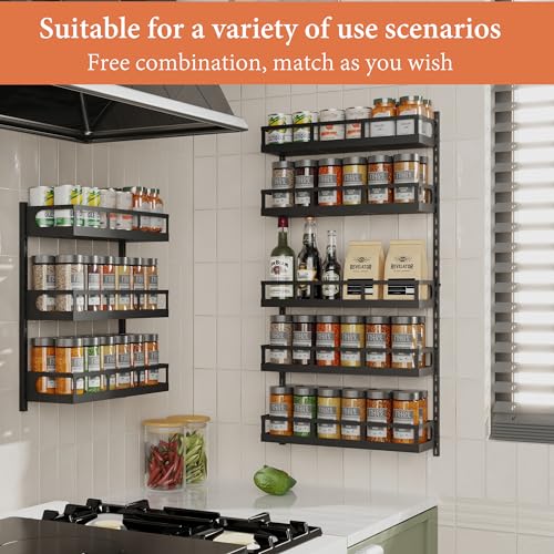 Wall Mount Spice Rack Organizer - 5 Tier Height-Adjustable, Black, 4.6" Depth - Dual-Use Shelf with Hooks