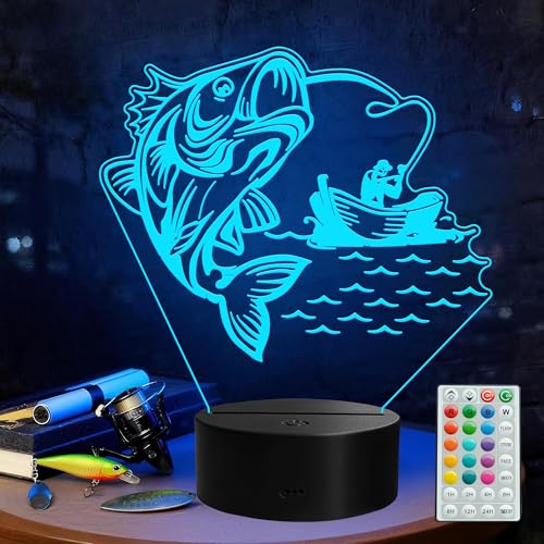 Fishing Night Light, Fishing Gifts, 3D Illusion Lamp with Remote Control, 16 RGB Colors, 4 Flashing Modes, Timer, Dimmable, Men Boy Room Decoration for Father's Day Holiday Birthday Christmas