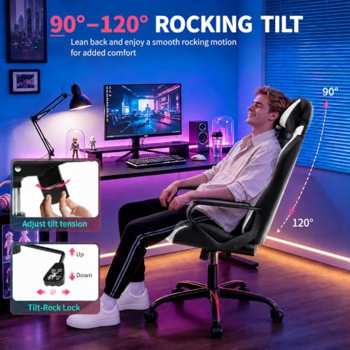 FDW White Gaming Chair with Lumbar Support & Headrest - Ergonomic PU Leather Desk Seat