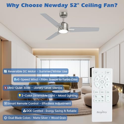 Silver 52 Inch Brushed Nickel Ceiling Fan with Lights and Remote Control