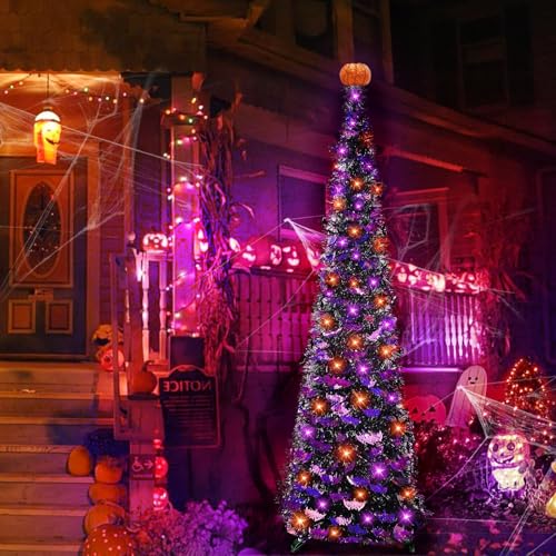 6 Ft Black Tinsel Halloween Tree with Purple Bats & LED Lights - Decor
