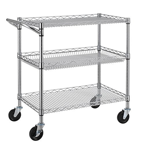 Finnhomy Chrome 3-Tier Heavy Duty Utility Cart 30"L x 18"W x 32.4"H with Handle, NSF Listed
