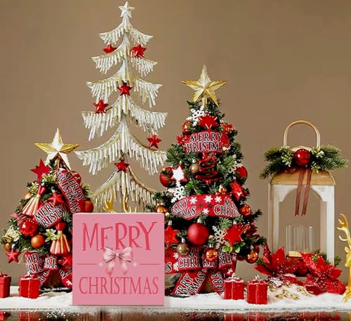 Pink Coquette Bow Christmas Decor Merry Christmas Sign Bow 5x5 Inches - ULEGIE