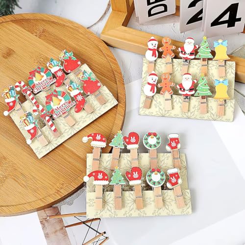 Mini Christmas Claw Clips 30pcs Wooden Photo Clips with Twine for Crafts & Decorations