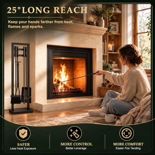 FEED GARDEN Black 5-Piece Fireplace Tool Set - 30" Solid Wrought Iron