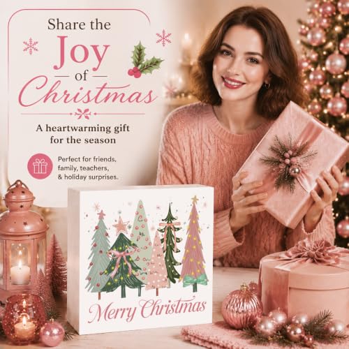 FXEFXE Merry Christmas 5x5 In Wooden Box Sign – Pink Coquette Bow Desk Decor