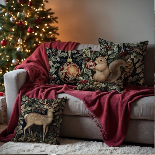 Vintage Christmas Reindeer Squirrel Ball Pillow Covers 18x18 Set of 4