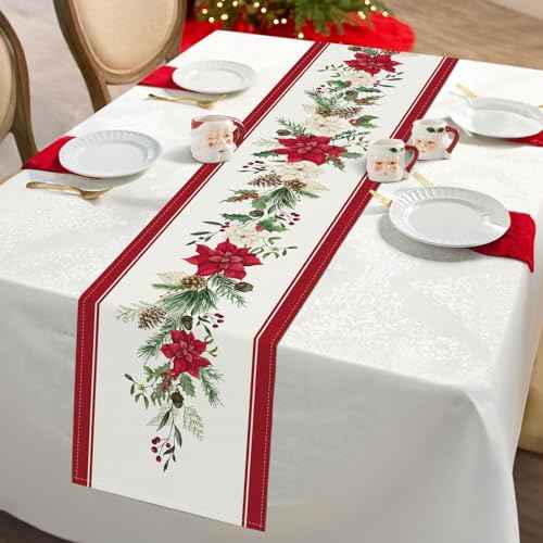 Bonhause Christmas Poinsettia Table Runner 13x72 Inch Red Floral Pine Branch Seasonal Winter Holiday Kitchen Dining Table Decoration for Indoor Outdoor Home Party Decor