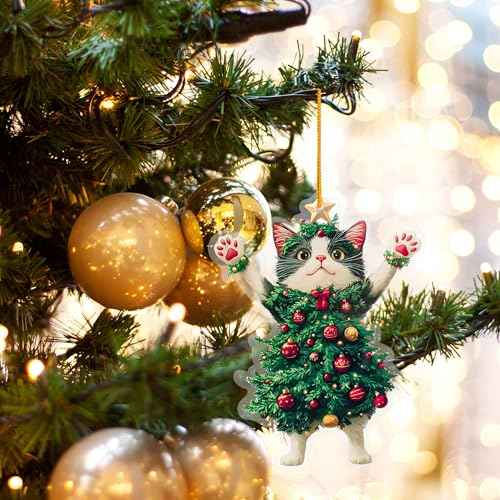 2025 Cat Tree Christmas 2D Ornaments Black Cat Acrylic Decorations for Christmas Tree Unique and Fun Christmas Decoration Gifts Specially Prepared for Pet Owners (4, Black+White)