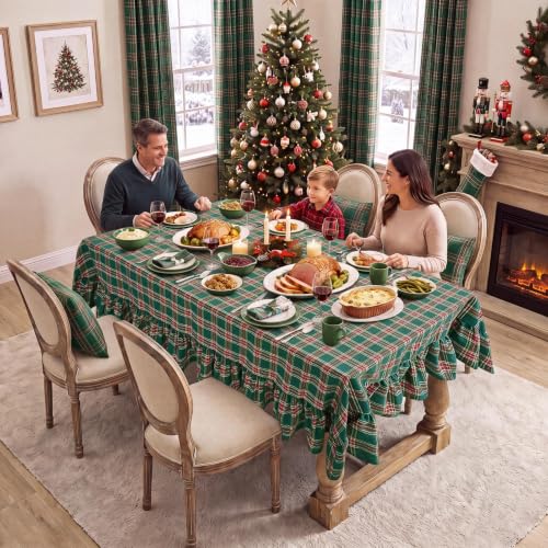 Softalker Green Plaid Ruffle Tablecloth 60 x 84 inches, Rectangular Holiday Linen