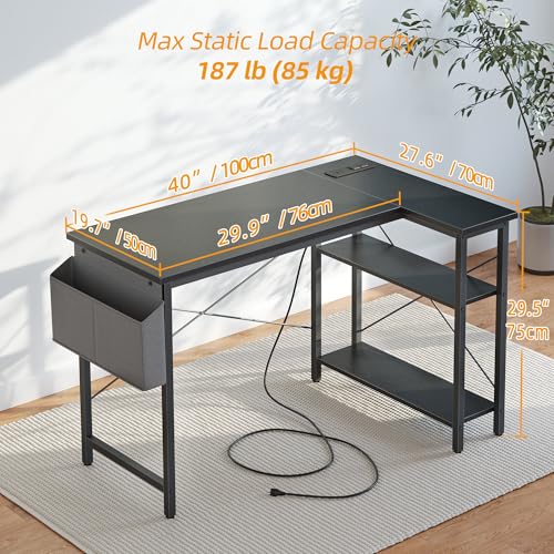 TIQLAB 40 Inch L Shaped Gaming Desk with Power Outlets - Reversible Corner Workstation, Black