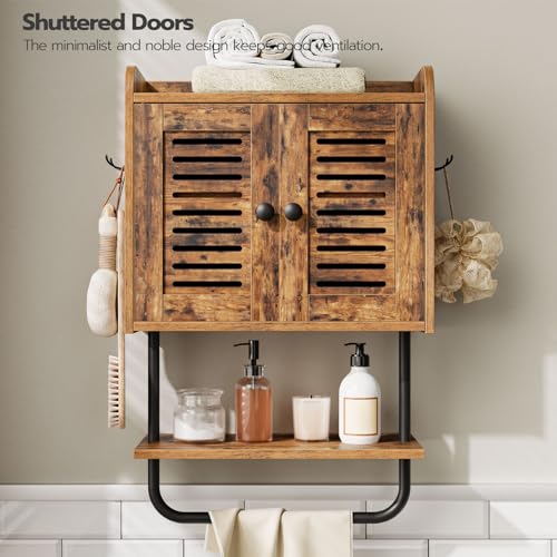 HOOBRO Wall Cabinet for Bathroom Kitchen Rustic Brown & Black, Double Doors, Towel Bar, Adjustable Shelf