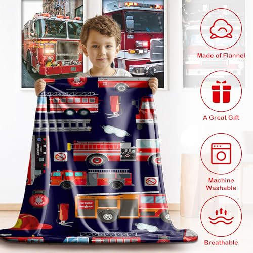 Fire Truck Blanket for Boys, Fire Truck Throw Blanket for Kids, Blue Firefighter for Teens, Soft Lightweight Flannel Truck Car Blankets for Teen Men Birthday Gifts Sofa Couch Bed Decor 40x30In