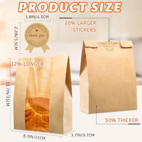 AZLTC 200 Pcs Thickened Sourdough Bread Bags with Window & Labels - Food-Grade Kraft Paper, Leak-Proof & Easy to Display