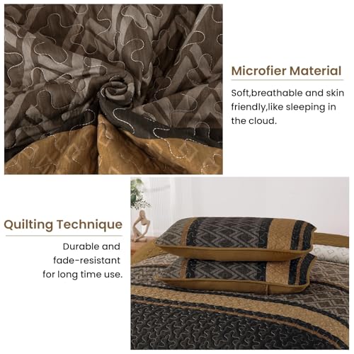 Dinjoy Boho Queen Quilt Set - Brown & Striped Fall Bedspreads, Reversible, Lightweight Microfiber Bedding, 3 Piece