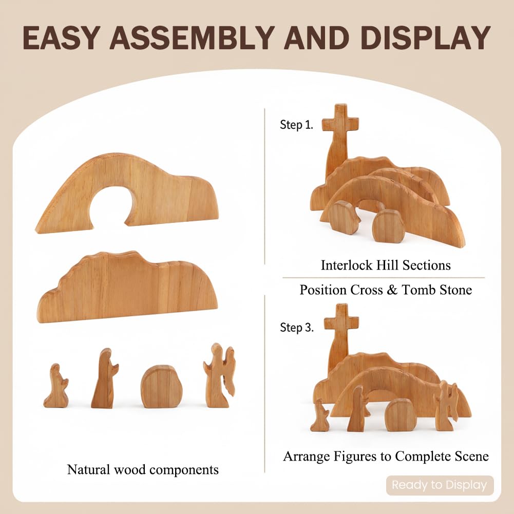 YOSINXU Empty Tomb Easter Scene and Christian Cross Decoration, Wooden Easter Resurrection Scene Cross Jesus Tomb Tray Set, Easter Decor for Religious Home Office Tabletop Christian Gifts