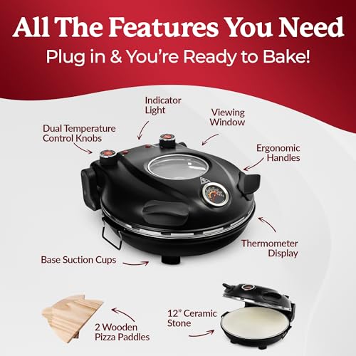 Electric Pizza Oven 12-Inch Countertop with Ceramic Stone & Dual Heat Control - Black