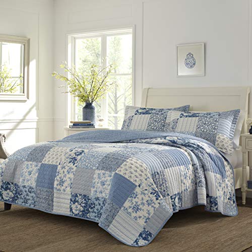 Laura Ashley Twin Quilt Set with Reversible Patchwork Paisley Design, Blue, 100% Cotton Bedding