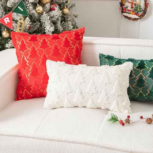 UGASA Christmas Tree Decorative Pillow Covers 18x18 Inch Set of 2 Soft Plush Faux Fur Luxury Sparkling Sequin Pattern Throw Pillows Pillowcases for Couch Sofa Holiday Festivals Home Decor, Cream White