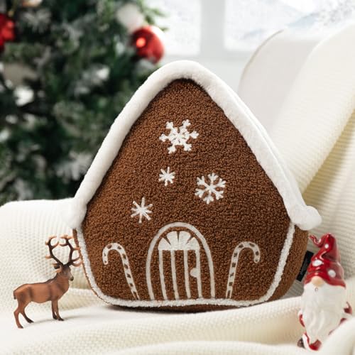 Gingerbread House Throw Pillow, 12x13, Phantoscope Coffee – Plush Teddy/Faux Rabbit Fur Roof