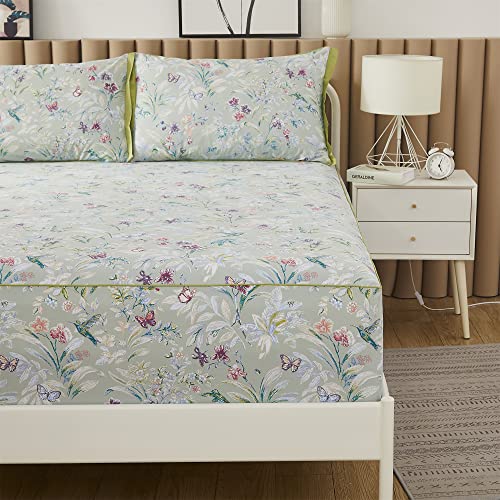 ABREEZE Full Butterfly Floral 4-Piece Egyptian Cotton Bedding Set with Pillowcases