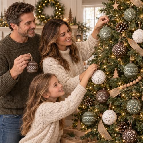 12 Pcs Textured Rustic Christmas Ornaments for Tree – Vintage Brown Green White Balls