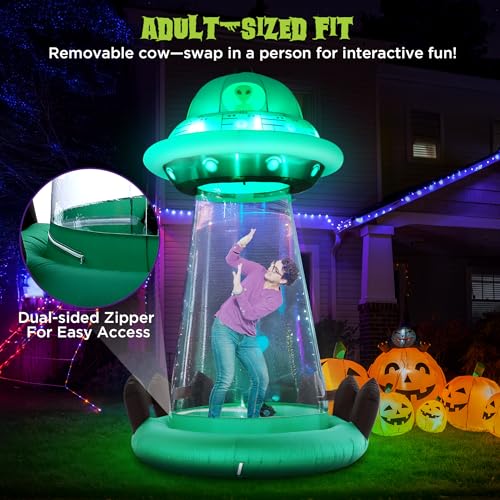10 FT UFO Abduction Inflatable Halloween Decor with Cow & LED Lights - Outdoor Yard Decoration