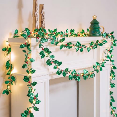 2 Pack 30 ft LED Holly Garland with 100 Lights Christmas Wreath
