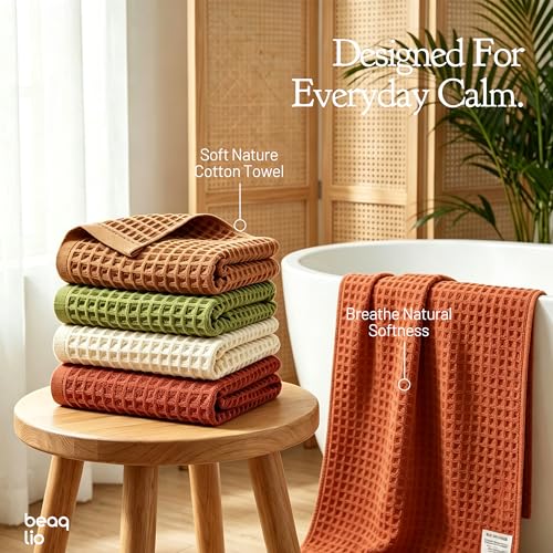 Cotton Waffle Towel Set 4 Pieces - Soft Fast-Absorbing Bath Towels