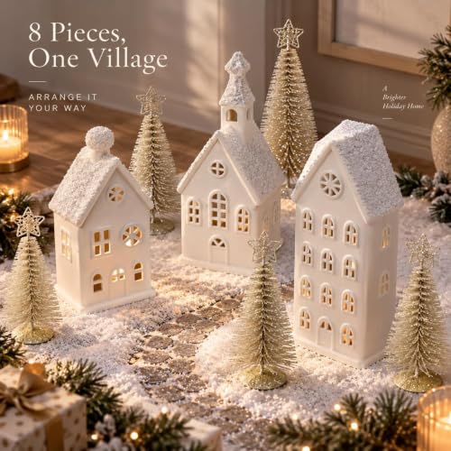Christmas Village Sets, 8-Piece Modern White Decorations Indoor