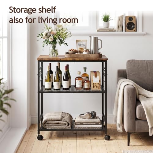 3-Tier Rolling Kitchen Cart with Storage and Lockable Wheels - Rustic Brown