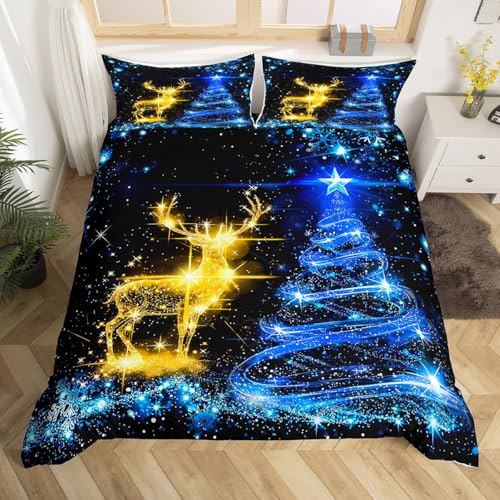 Manfei Christmas Duvet Cover Set Queen Size Gold Reindeer Bedding Set 3pcs for Kids Boys Girls Blue Christmas Tree Comforter Cover Western New Year Theme Quilt Cover with 2 Pillowcases,No Comforter