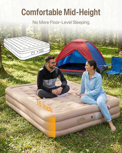JEASONG Queen Air Mattress with Built-in Pump, 16-Inch Inflatable Bed with Flocked Surface for Camping & Home