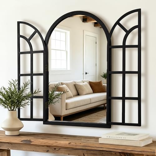 Black Arched Wood Mirror with Opening Shutters - 36 x 24 Inches Farmhouse Wall Decor
