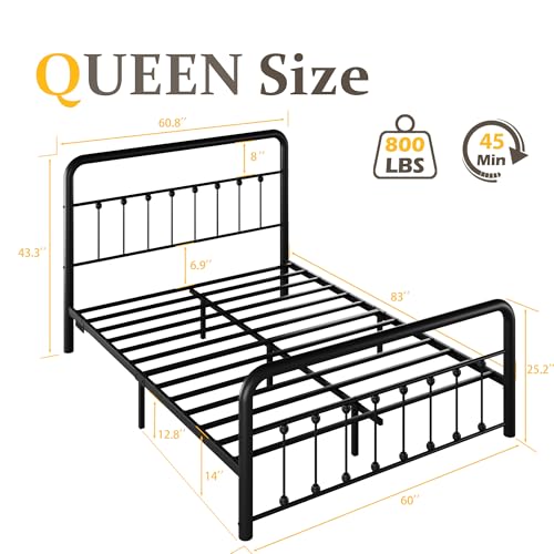 Queen Size Fluest 14-Inch Metal Bed Frame with Charging Station & LED Lights