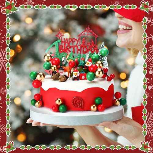 31 Pcs Happy Birthday Jesus Cake Topper Merry Christmas Balloon Topper Red Green Glitter Nativity Jesus Birthday Cake Pick for Nativity Scene Holiday Xmas Party