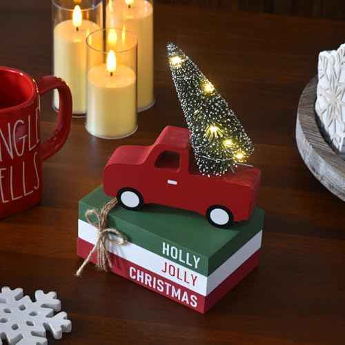 Christmas Decorations for Home, 4pcs Xmas Tiered Tray Decor with Wooden Red Truck, LED Lighted Tree & Book Stack, Rustic Christmas Table Centerpiece for Kitchen, Shelf, Office (4 pcs)