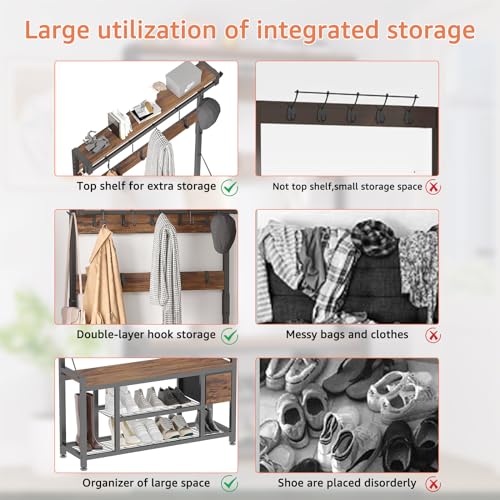 39-Inch Hall Tree with Storage Bench and Coat Rack - Rustic Brown