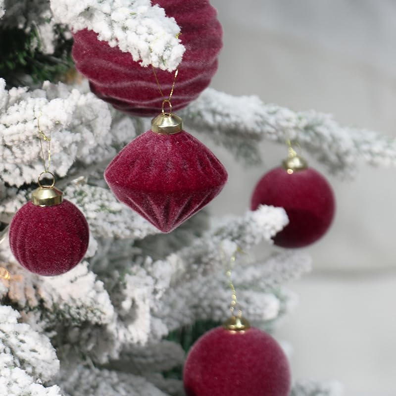 Skiennix Velvet Christmas Ornaments Set - 35PCS Flocked Shatterproof Hanging Decorations | Burgundy