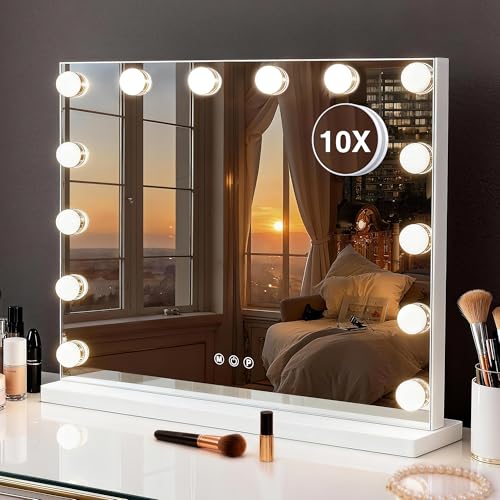Vanity Makeup Mirror with Lights - 3 Color Modes, Dimmable LED, 10X Magnification, White, 15.7"L x 20.5"W
