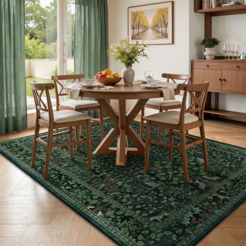 Green Woodland Floral Animal Rug 5x7 - Washable Low-Pile Area Rug for Living Room, Bedroom, Nursery - Non Slip