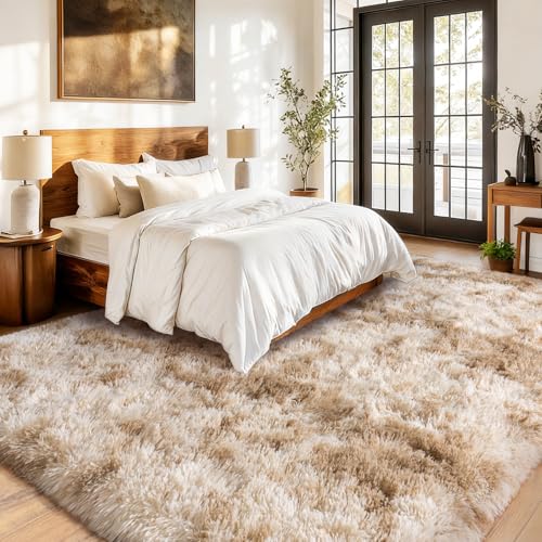 6x9Ft Tie Dye Camel Area Rug - Soft Shaggy Fuzzy Carpet for Living Room - Rectangular