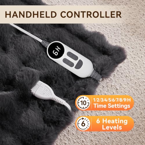 Electric Heated Blanket Throw with 6 Heat Levels, Auto-Off Timer 62x84 Dark Grey Faux Rabbit Fur