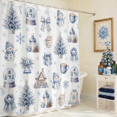 Lindameler Blue Christmas Shower Curtain 72x72 inches - Snowman Snowflakes 100% Polyester