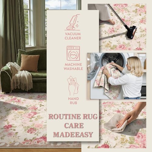5x7 Pink Vintage Floral Washable Rug - Bedroom, Living Room, Kids Playroom