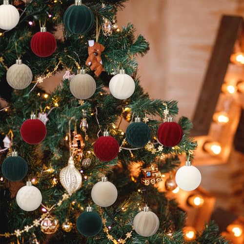 PullCrease 32 Pcs Velvet Christmas Ornaments - Mixed Texture, 2.36 Inch Flocked Holiday Decorations