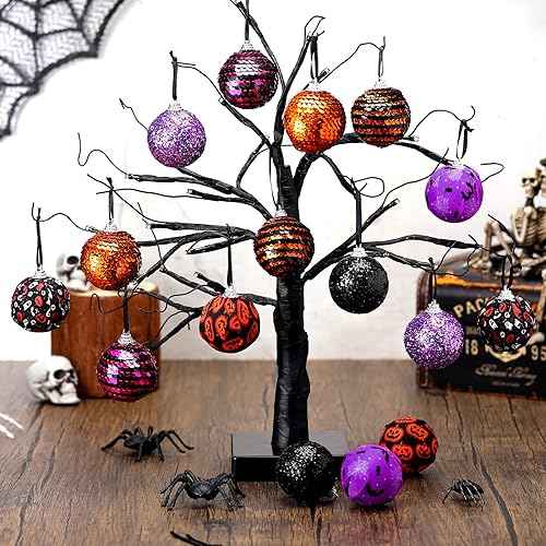 Zeyune 16 Pcs Halloween Ball Ornaments for Tree 2 Inch Halloween Tree Decorations Pumpkin Ghost Bat Spider Glitter Ornaments with Sequins for Holiday Party Decor
