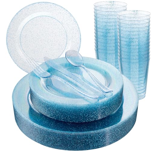 Rubtlamp 180Pcs Blue Glitter Disposable Dinnerware Set for 30 Guests — Plates, Cups & Silverware