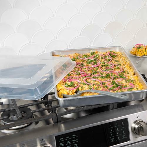 Extra Large High-Sided Baking Pan with Lid - 21x15 Inch Uncoated Aluminum Oven-Safe