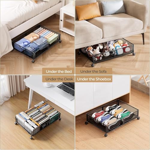 Under Bed Storage with Wheels - 2 Pack Black Shoe & Clothes Organizers